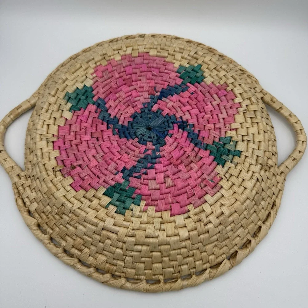 Handwoven Geometric Seagrass Straw Basket Tray w Handles Co Green Pink Flora 13